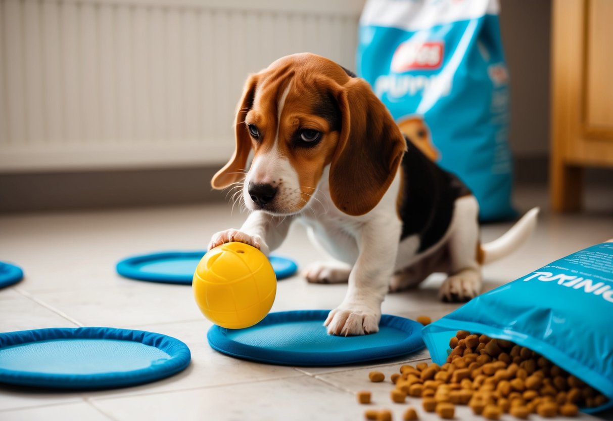 A 2-year-old beagle playing with a toy, surrounded by puppy training pads and a bag of puppy food