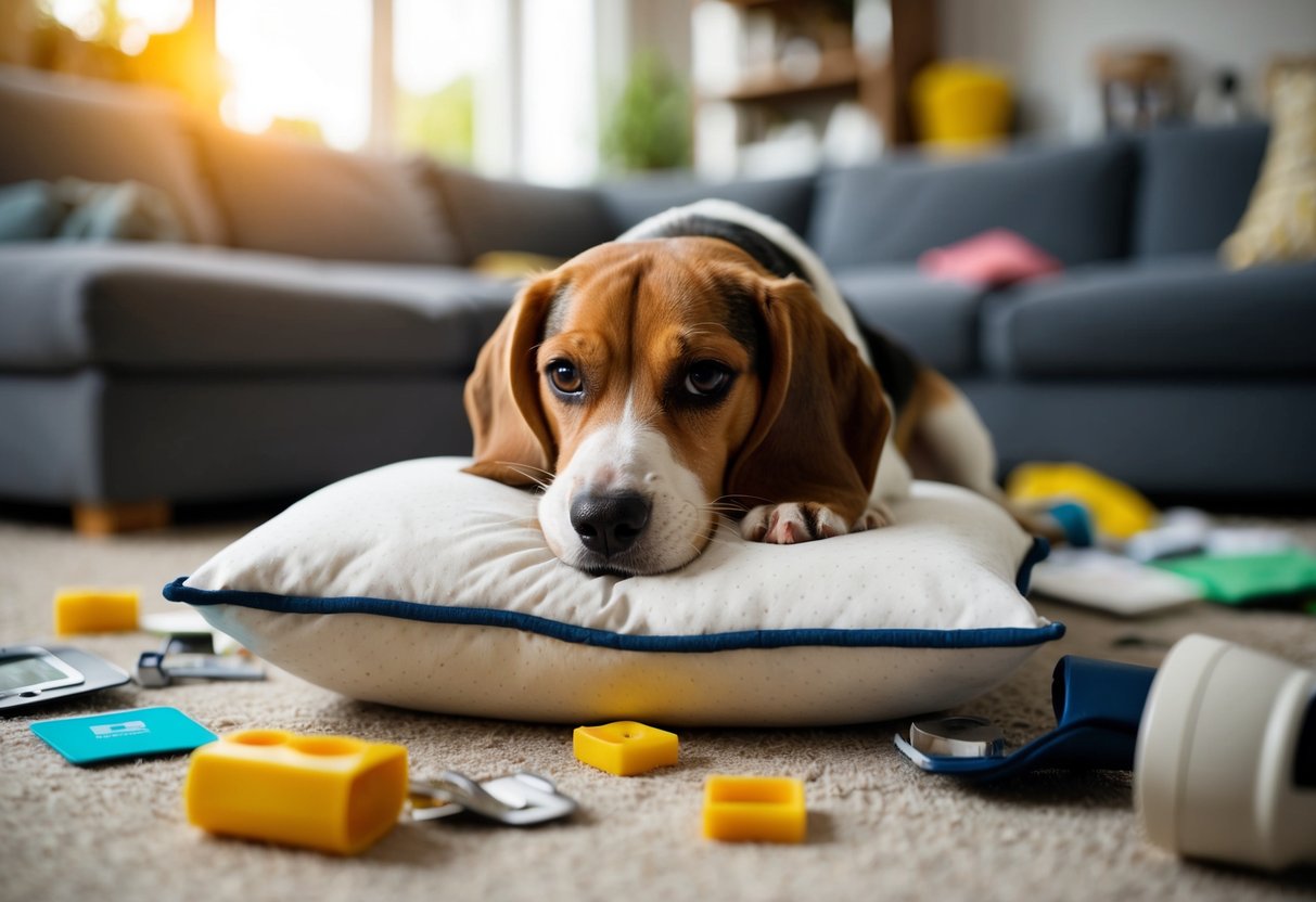 A beagle chews on a torn pillow while surrounded by scattered household items