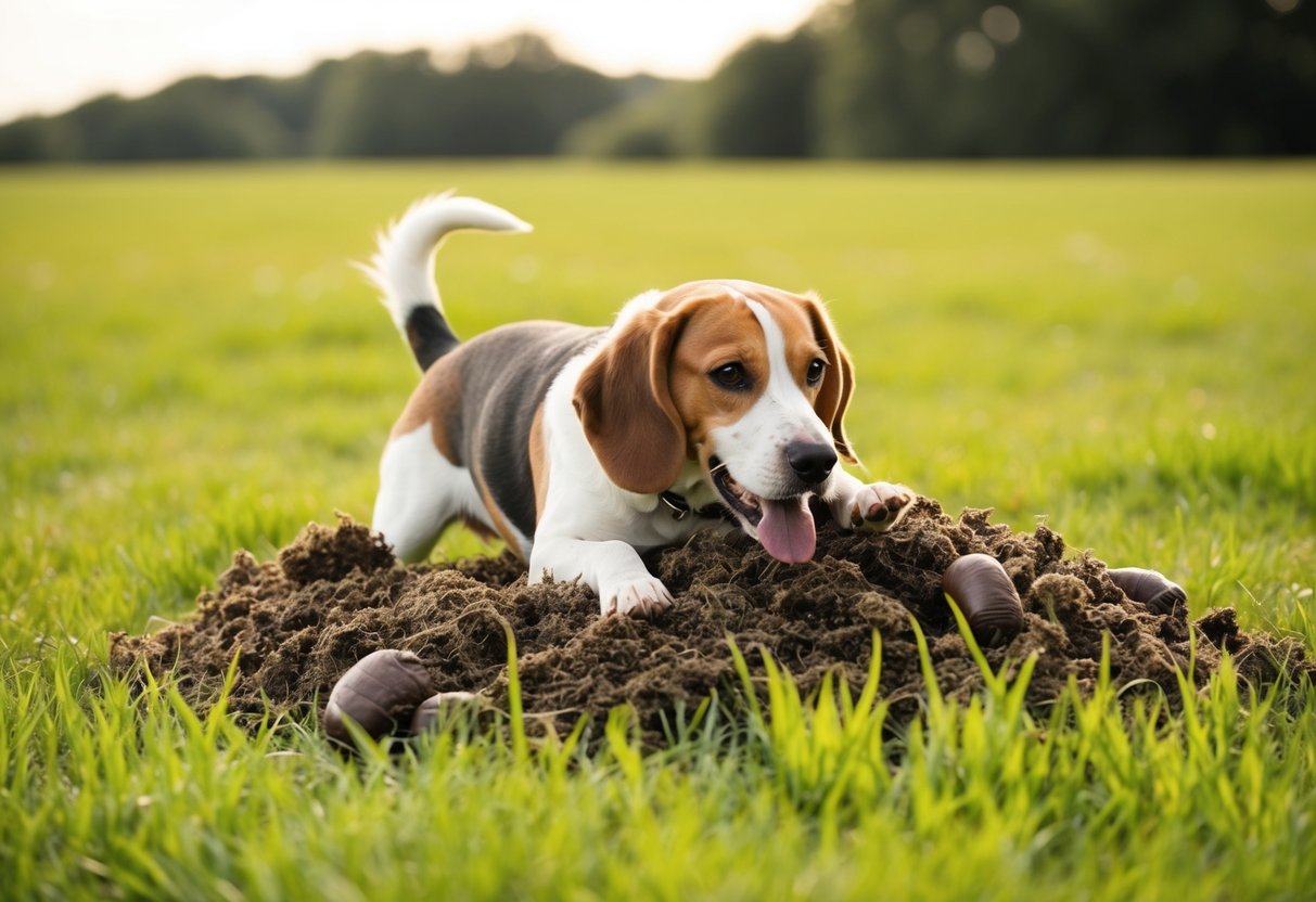 A beagle happily rolls in a pile of smelly stuff in a grassy field