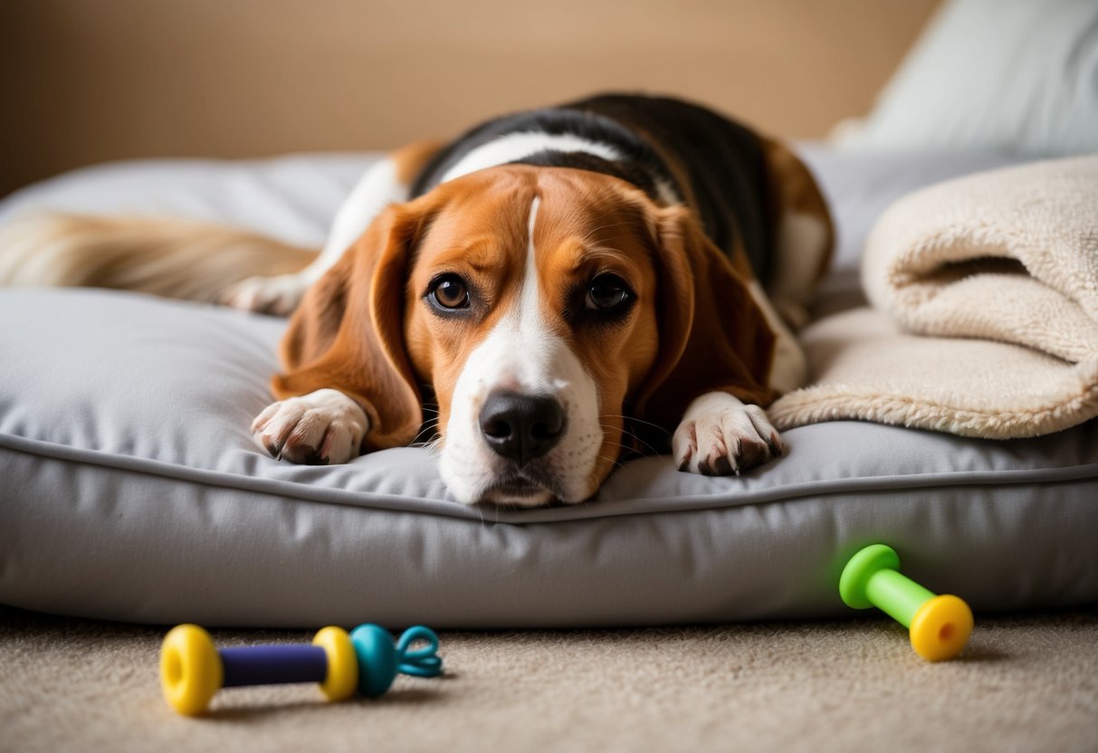 A beagle lying peacefully on a soft bed, surrounded by chew toys and a comfortable blanket, with a calm and serene expression on its face
