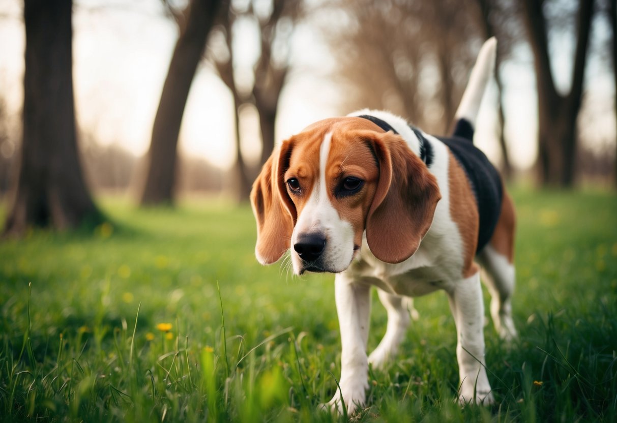 A beagle sniffs the air, nose to the ground, ears perked, eyes focused, surrounded by trees and grass