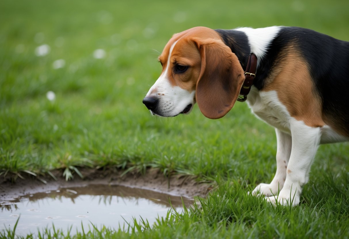 A beagle sniffs the air near a patch of grass, while a pungent odor wafts from a puddle of urine