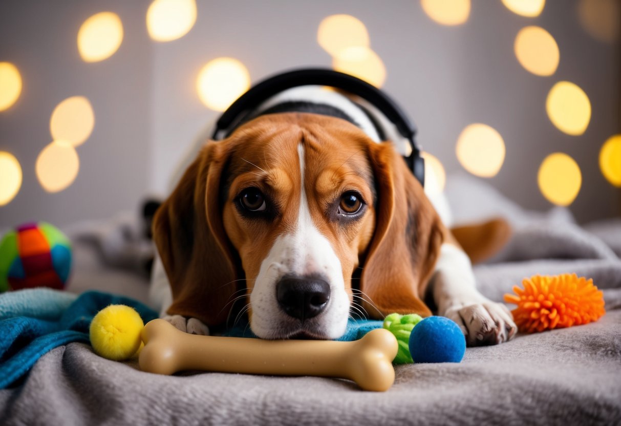 A beagle lying on a cozy blanket surrounded by toys and a chew bone, with soft music playing in the background to calm its hyper energy