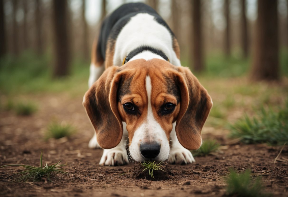 A beagle sniffs the ground, nose to the earth, ears perked in a forest setting