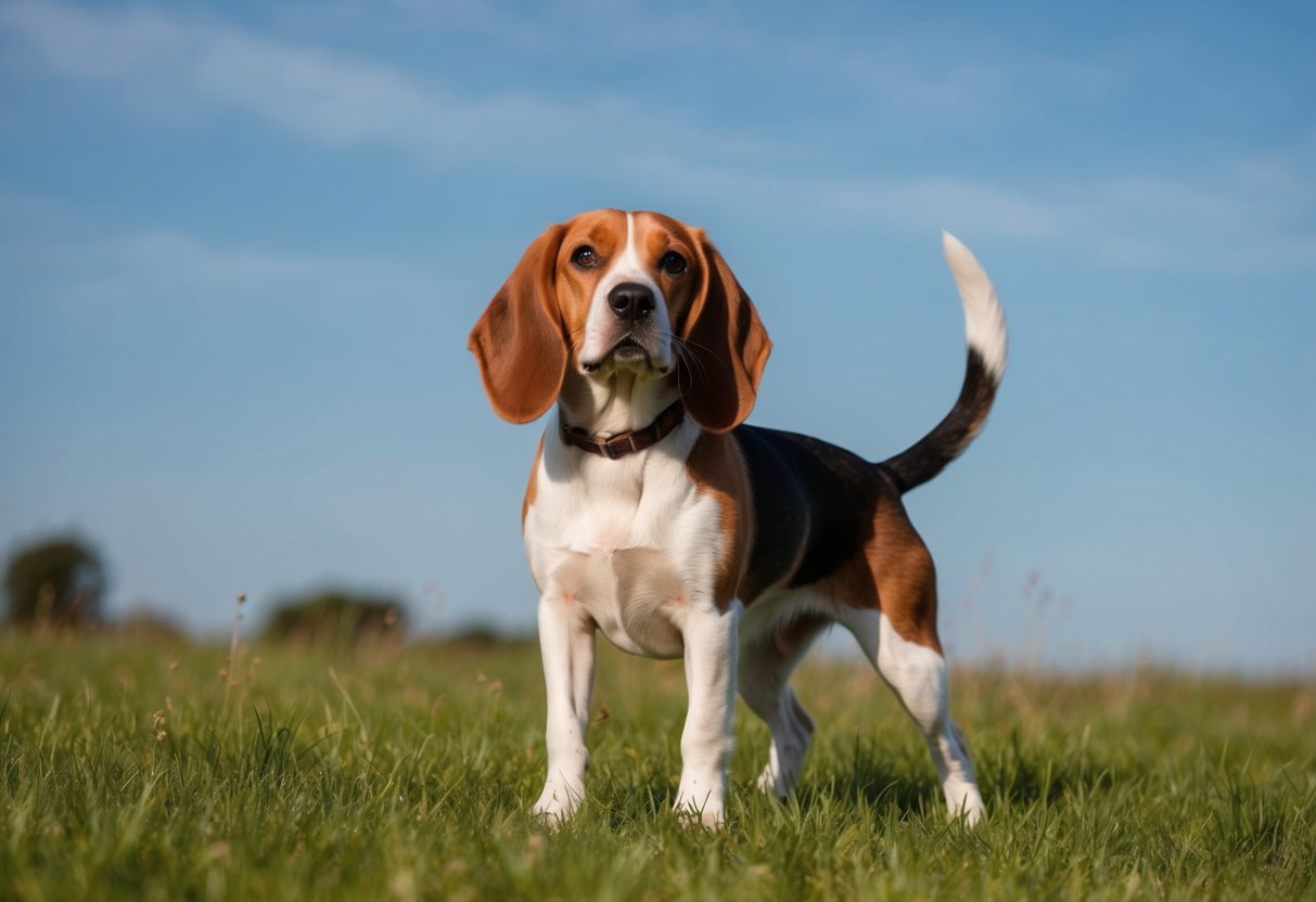 A beagle stands alert, with long ears and a wagging tail, in a grassy field under a clear blue sky