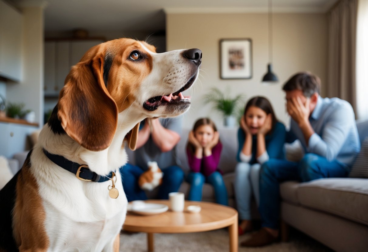 A beagle howls loudly in a cozy living room, while a family covers their ears and tries to carry on with their daily activities