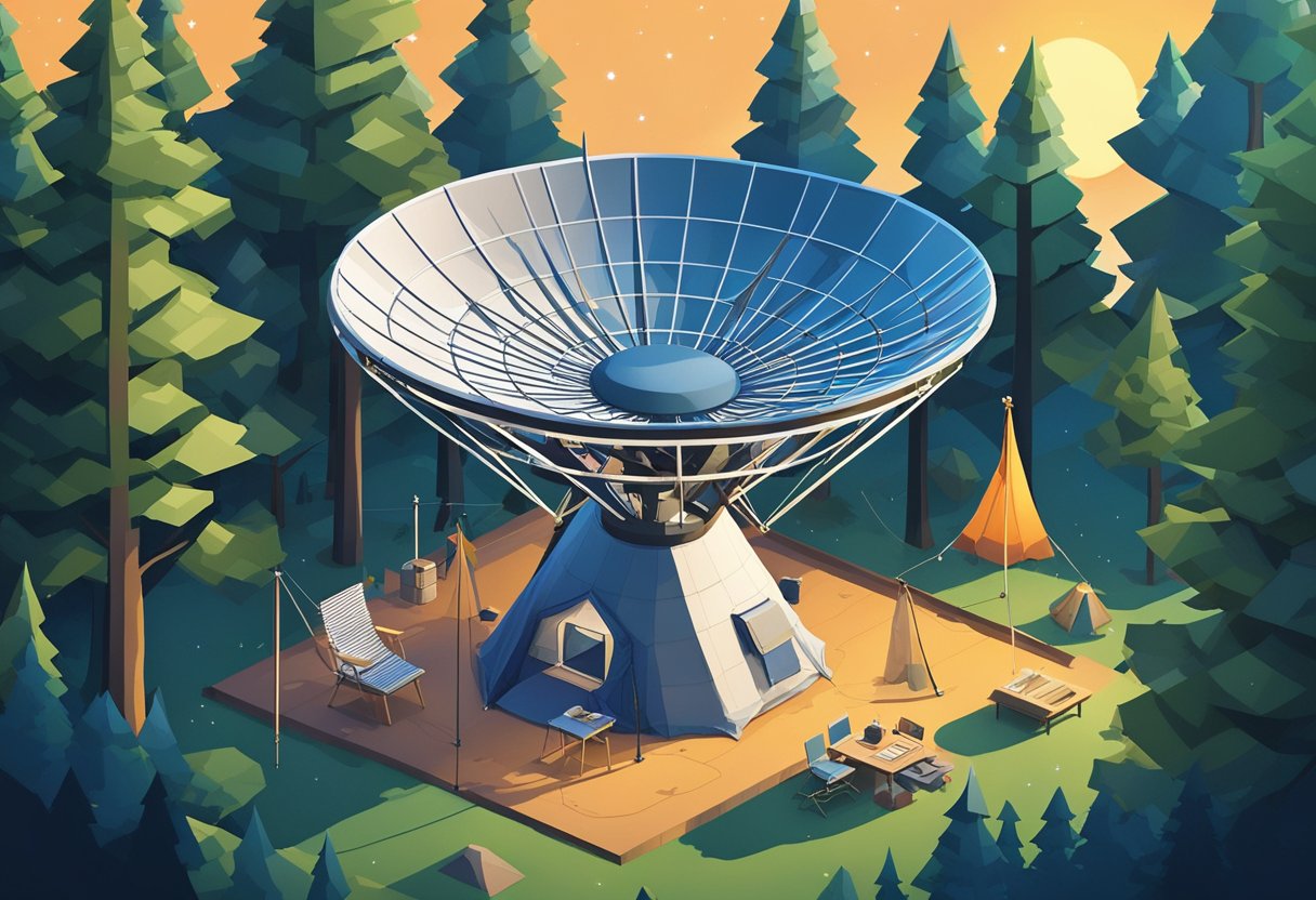 A starlink satellite dish set up in a remote off-grid camping site, surrounded by trees and a clear night sky