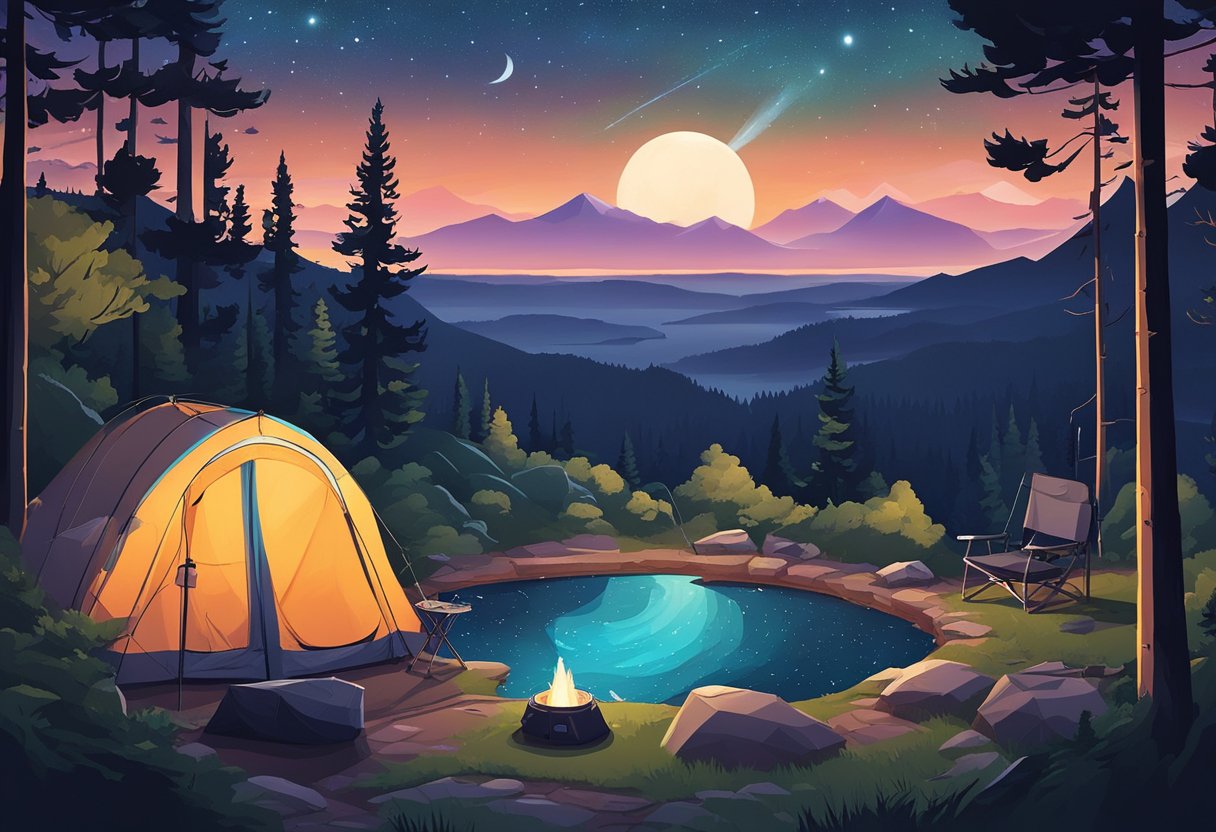 A tranquil campsite nestled in the wilderness, with a clear view of the night sky. A Starlink satellite dish is set up next to a cozy tent, providing high-speed internet access in the remote location