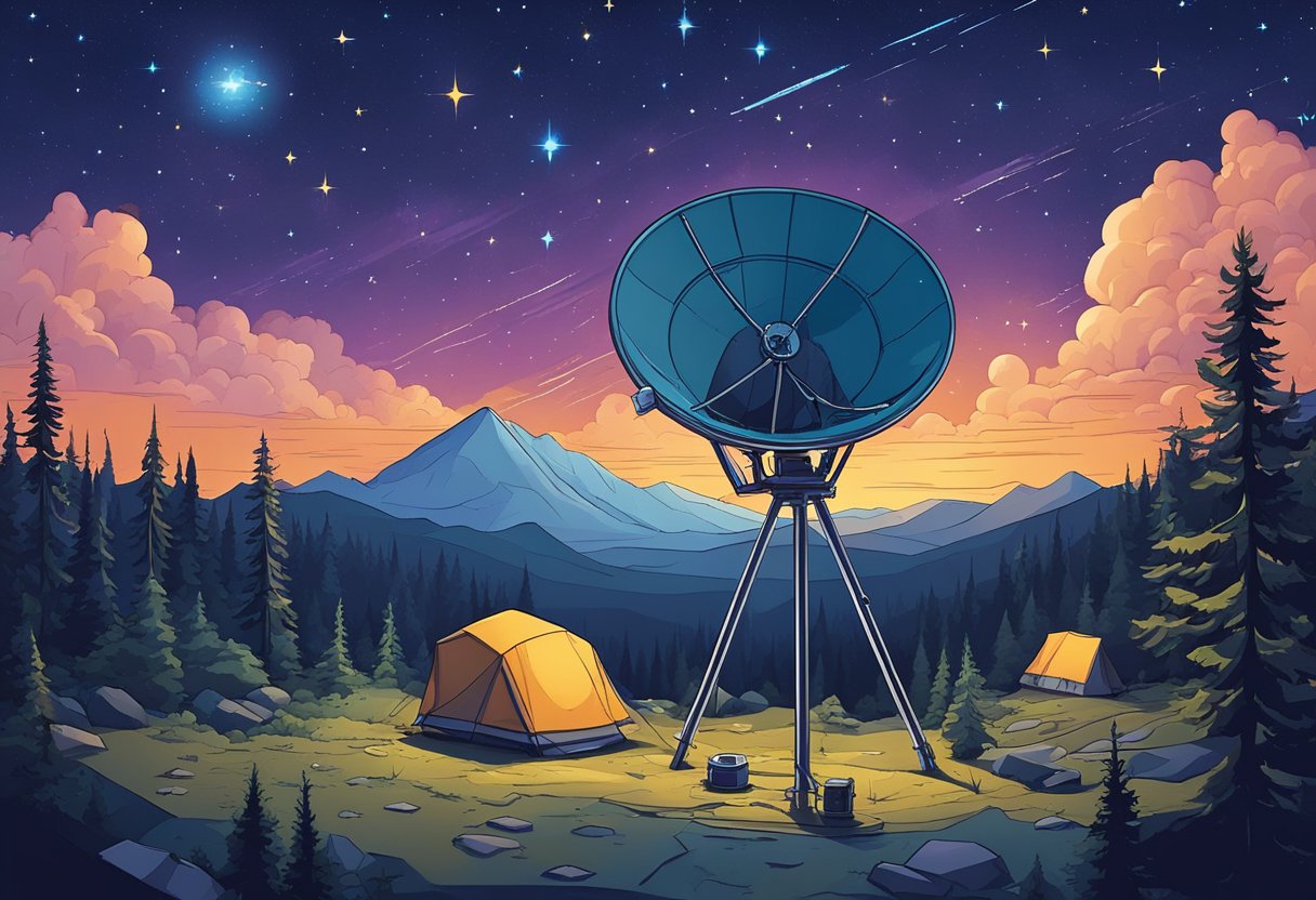 A starry night sky over a rugged wilderness, with a satellite dish set up at a remote campsite