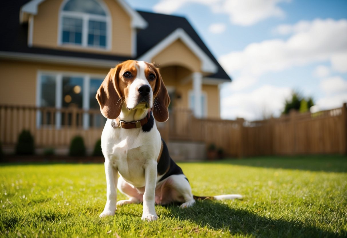 A beagle sits outside a cozy house, looking content and relaxed, with a fenced yard and a sunny sky in the background