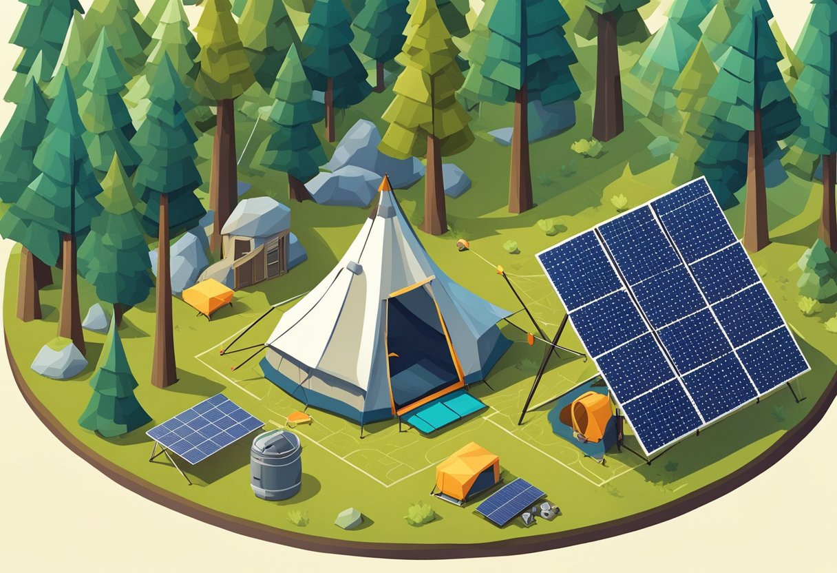 A rugged campsite with a tent, solar panels, and a satellite dish pointed towards the sky, surrounded by trees and mountains