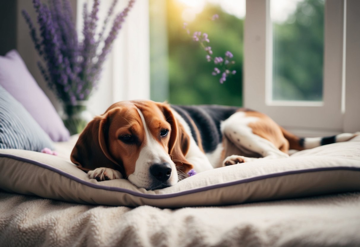 A beagle lies peacefully in a cozy bed, surrounded by soft blankets and toys. A gentle breeze flows through an open window, carrying the soothing scent of lavender