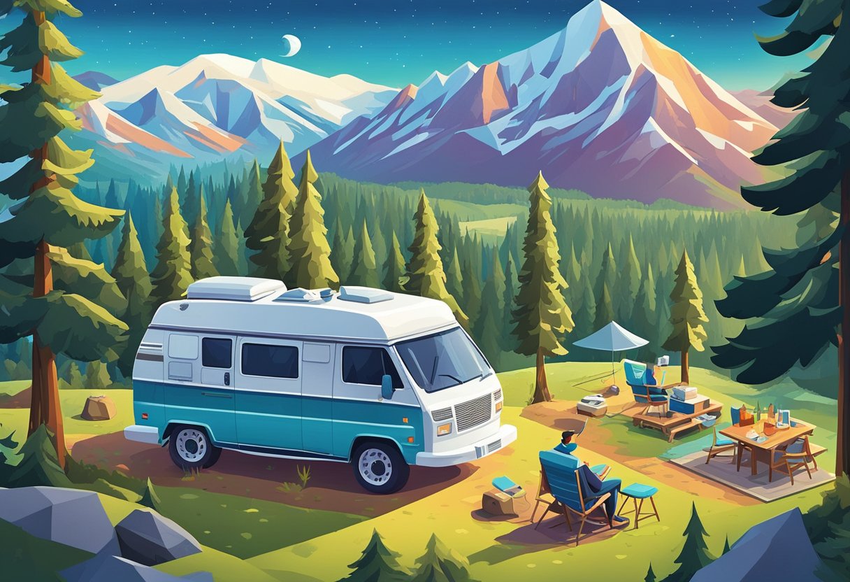 A remote campsite with a satellite dish on the roof of a camper van, surrounded by trees and mountains, with the Starlink satellite internet in the sky