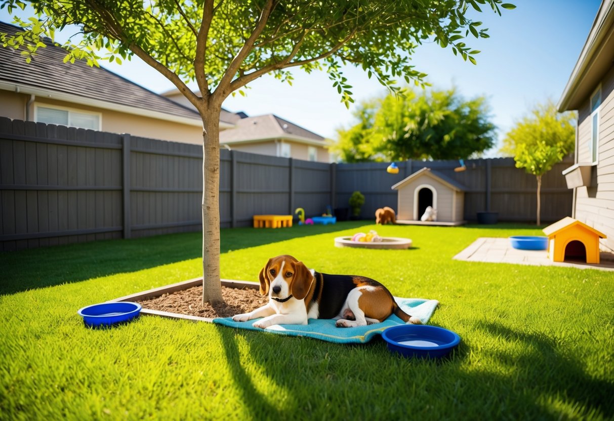 A sunny backyard with a fenced area, shaded spots, and water bowls. A beagle rests comfortably under a tree, while toys and a dog house are visible nearby