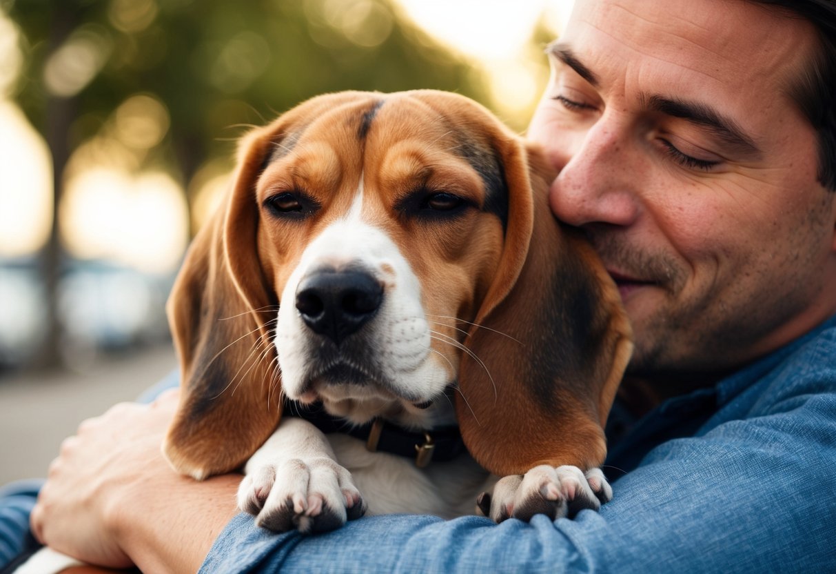 A beagle snuggles up to its owner, wagging its tail with adoration