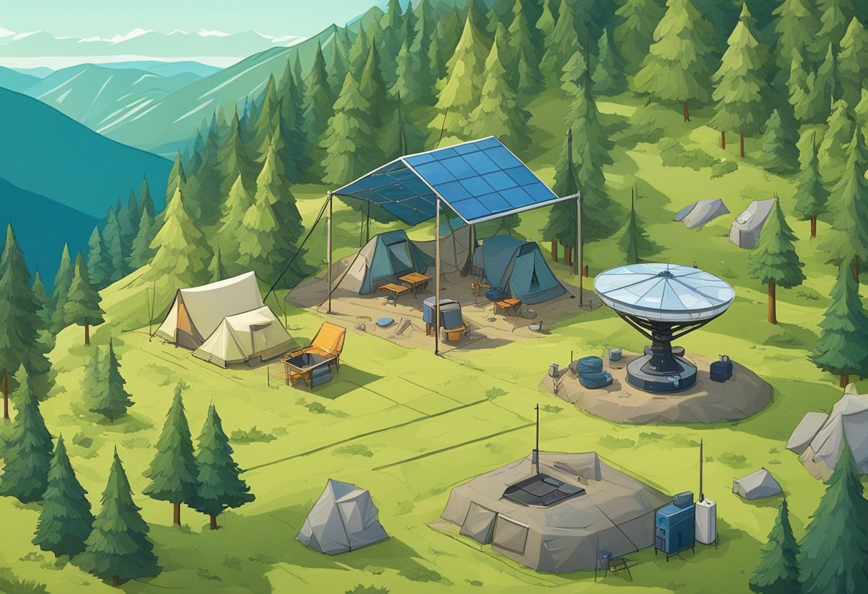 A remote off-grid campsite with a Starlink satellite dish set up on a clear patch of ground, surrounded by trees and mountains in the background