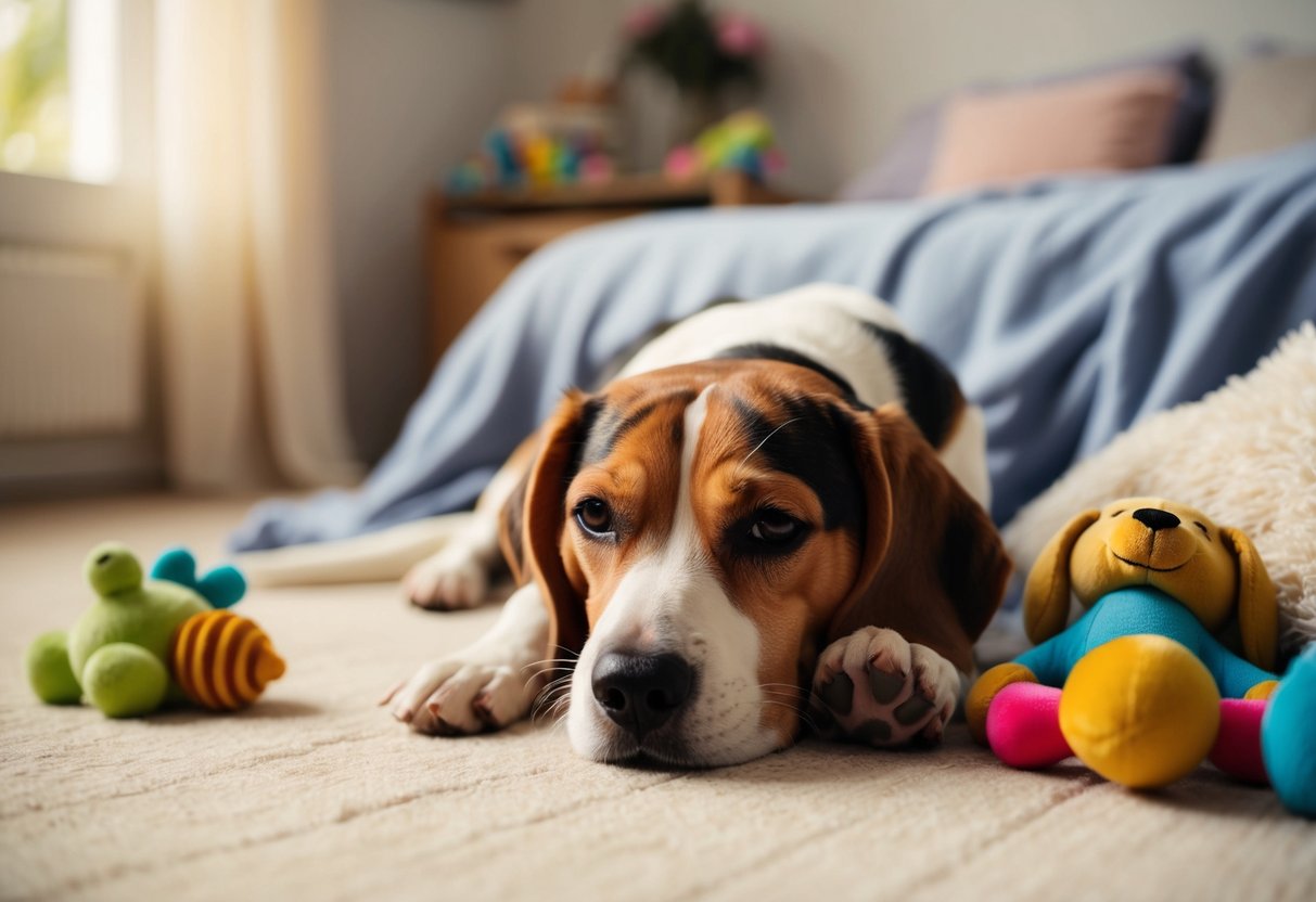 A beagle lying peacefully in a cozy, sunlit room surrounded by calming toys and soft blankets
