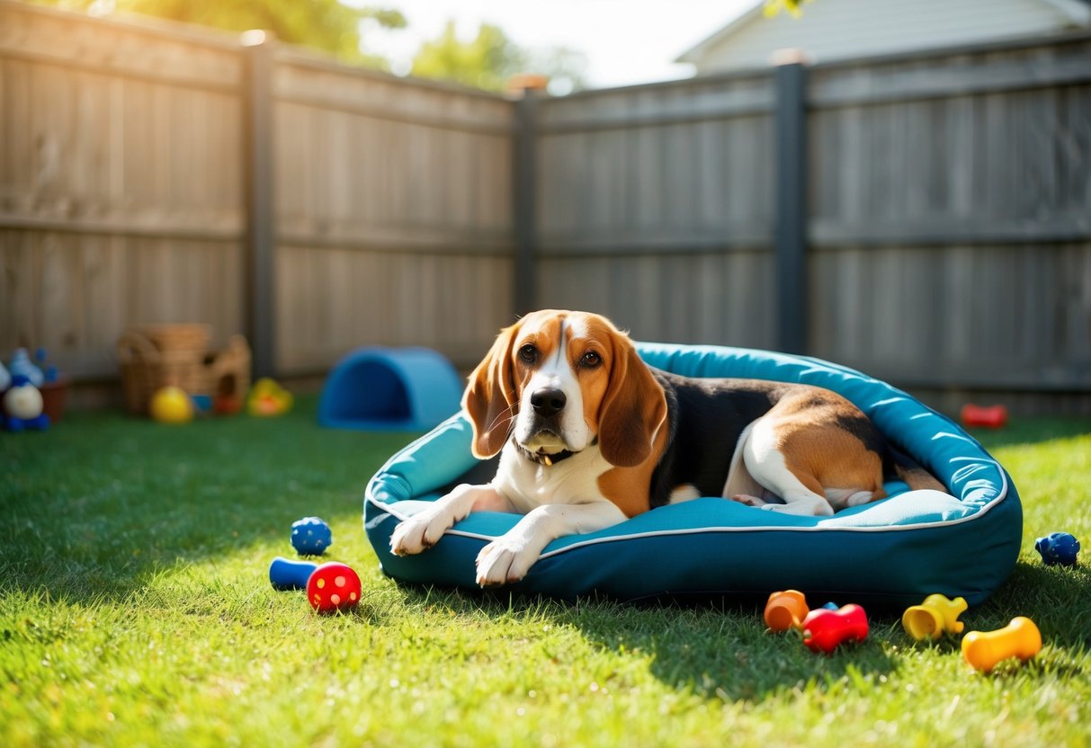 A beagle lounges in a spacious, fenced backyard, with a comfortable dog house and plenty of toys scattered around. The sun shines down, and the beagle looks content and relaxed