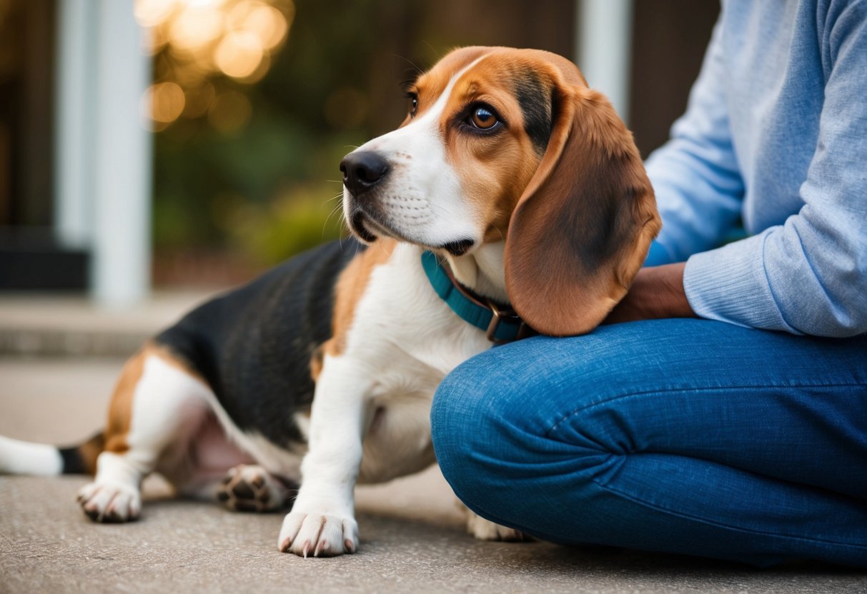 A beagle nuzzles its caregiver's leg, looking up with adoring eyes