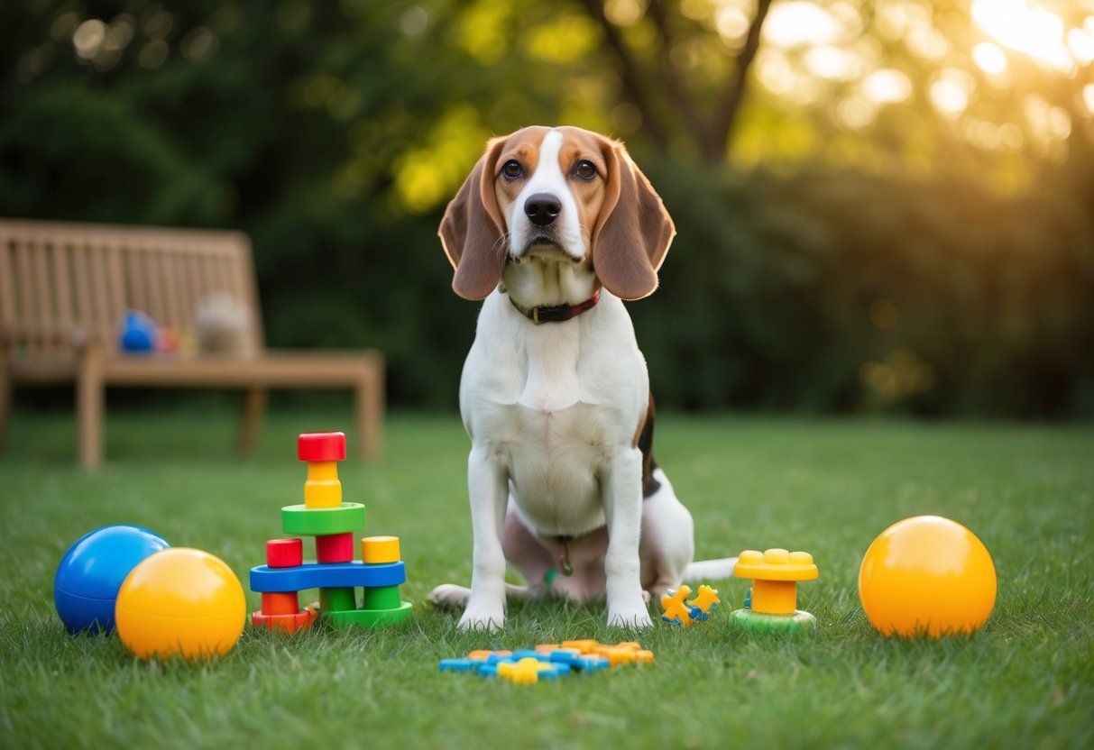 A beagle sits in a peaceful outdoor setting, surrounded by toys and puzzles, engaging in mental stimulation and exercise to calm down