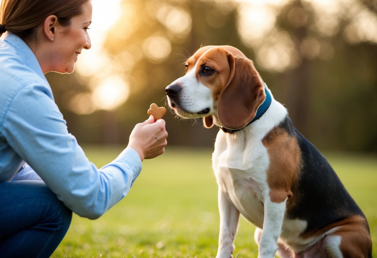 A beagle sitting attentively as its owner rewards it with a treat for following a command