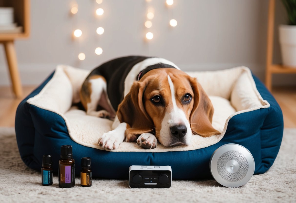 A beagle lying on a cozy dog bed, surrounded by calming essential oils and a soothing music player