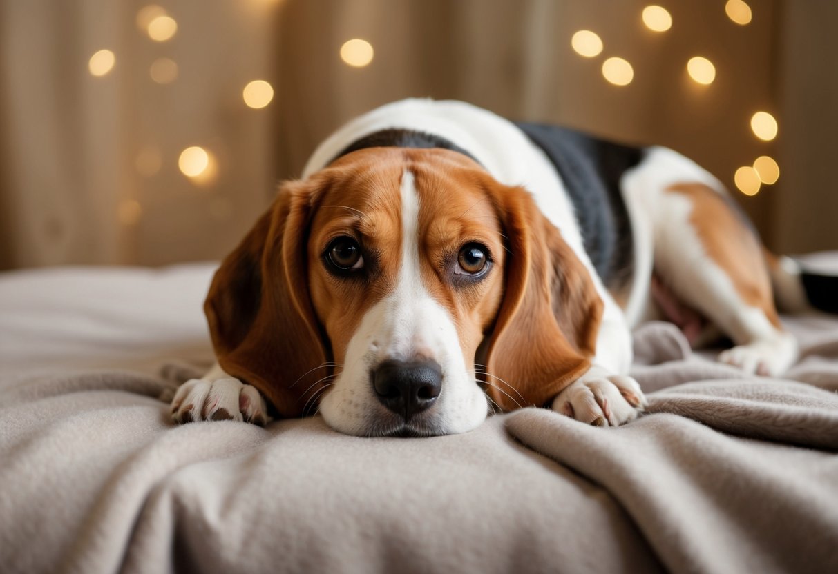 A beagle lies on a soft blanket, ears perked and eyes focused, showing a curious and sensitive temperament