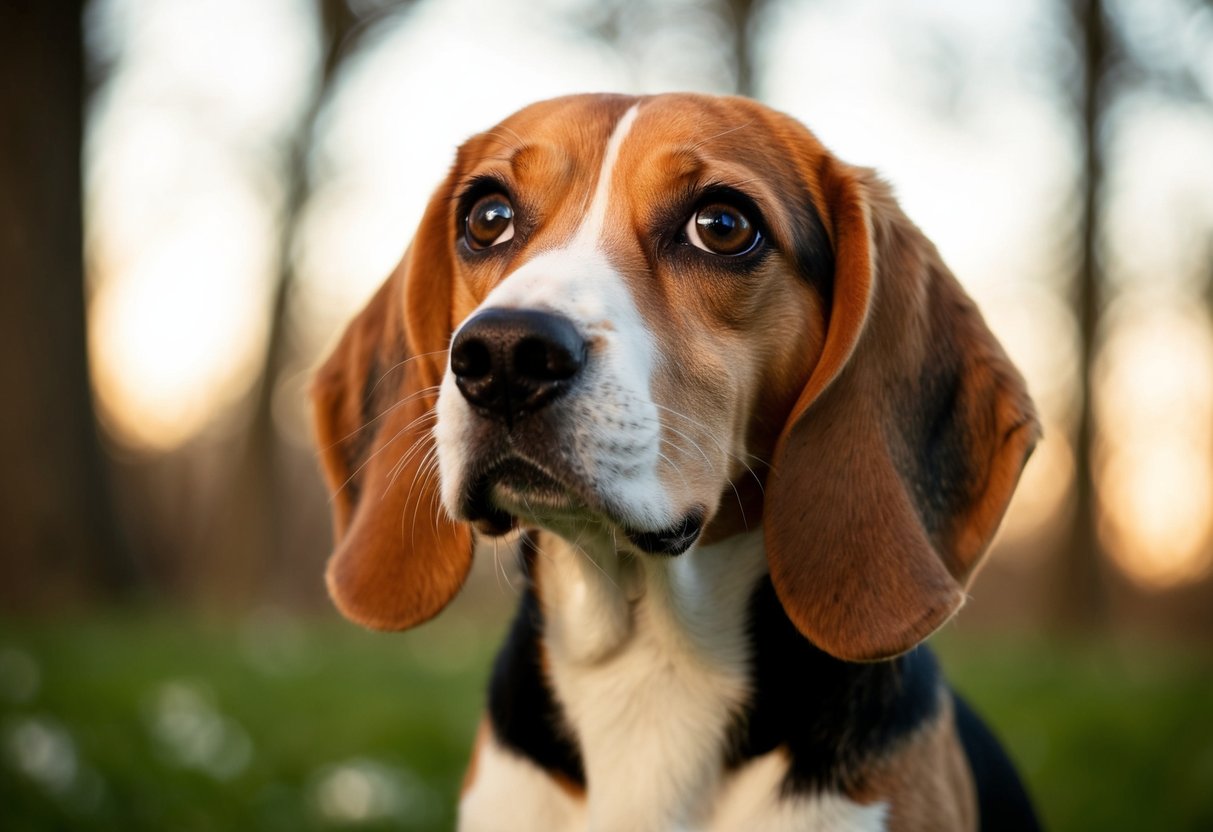 A beagle looks up with wide, soulful eyes, ears perked and nose twitching. Its body language exudes sensitivity and attentiveness