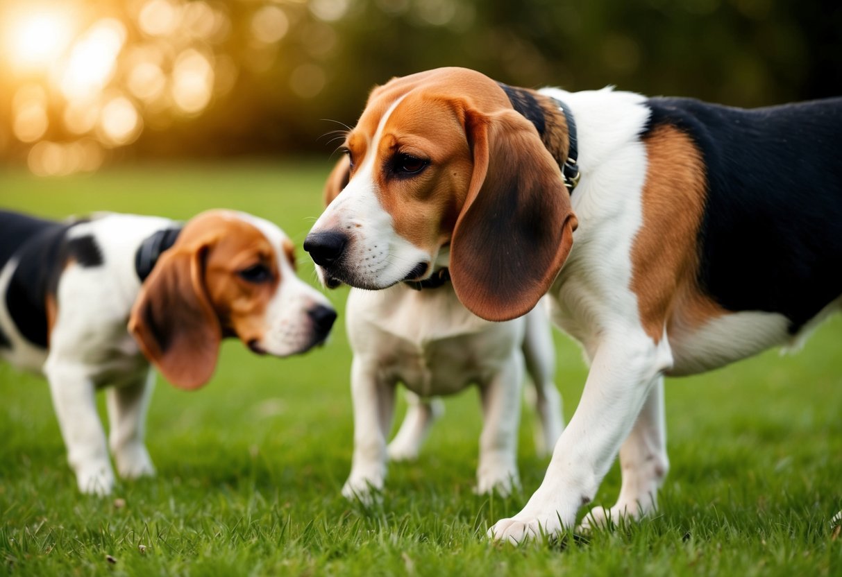 A beagle sniffs the air, nose twitching. Other dogs nearby seem less interested