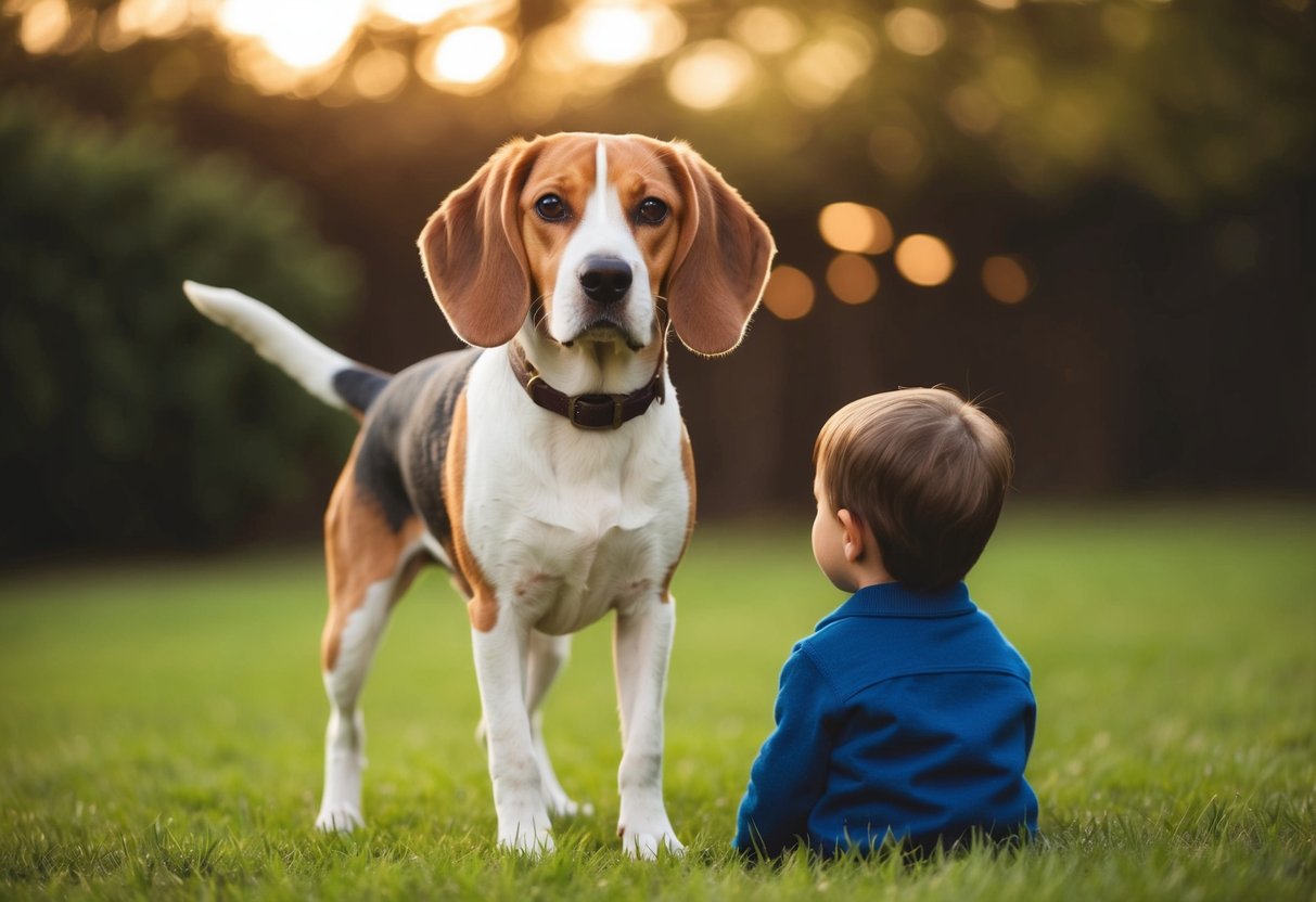 A beagle stands alert, ears perked, in front of a child, ready to protect