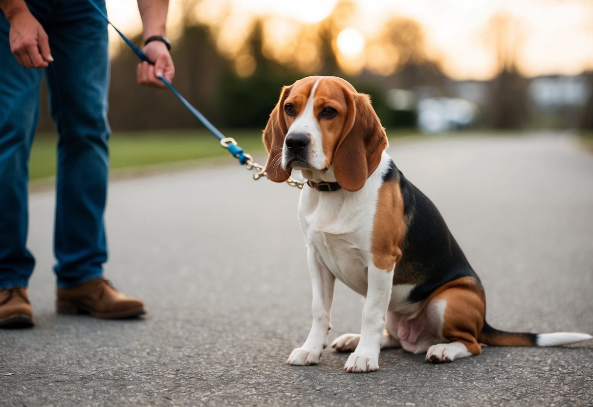 A beagle sits stubbornly on a leash, ears drooping, refusing to move. The owner looks on with a mix of frustration and concern