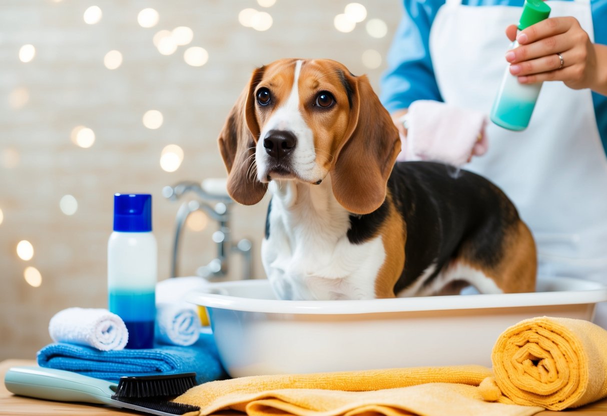 A beagle receiving a bath with a gentle shampoo, surrounded by towels and grooming tools, with a fresh, clean scent in the air