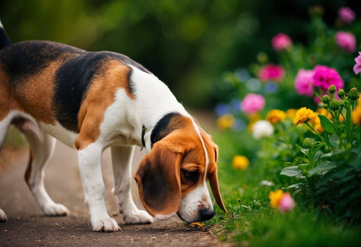 A beagle sniffs the ground, surrounded by lush greenery and flowers