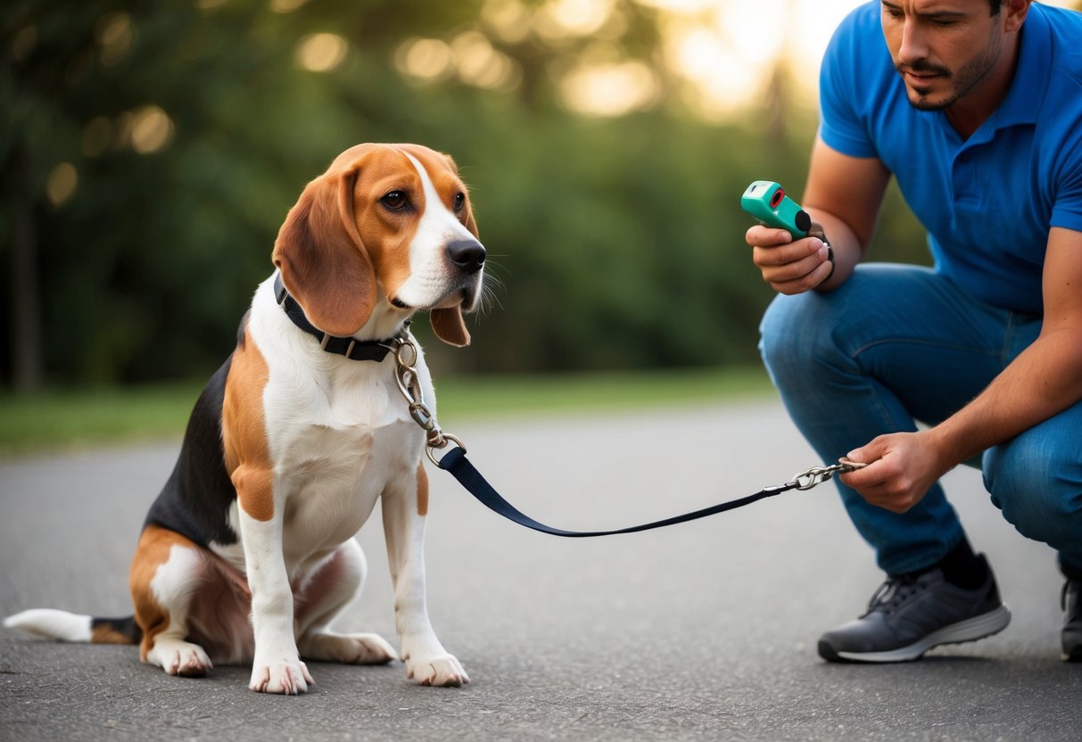 A beagle sits stubbornly on a leash, refusing to walk. A frustrated owner looks on, holding treats and a clicker