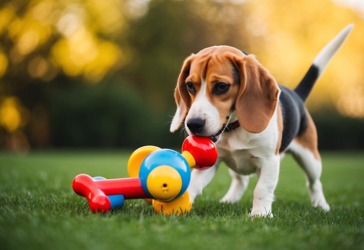 A beagle happily plays with a child's toy, tail wagging