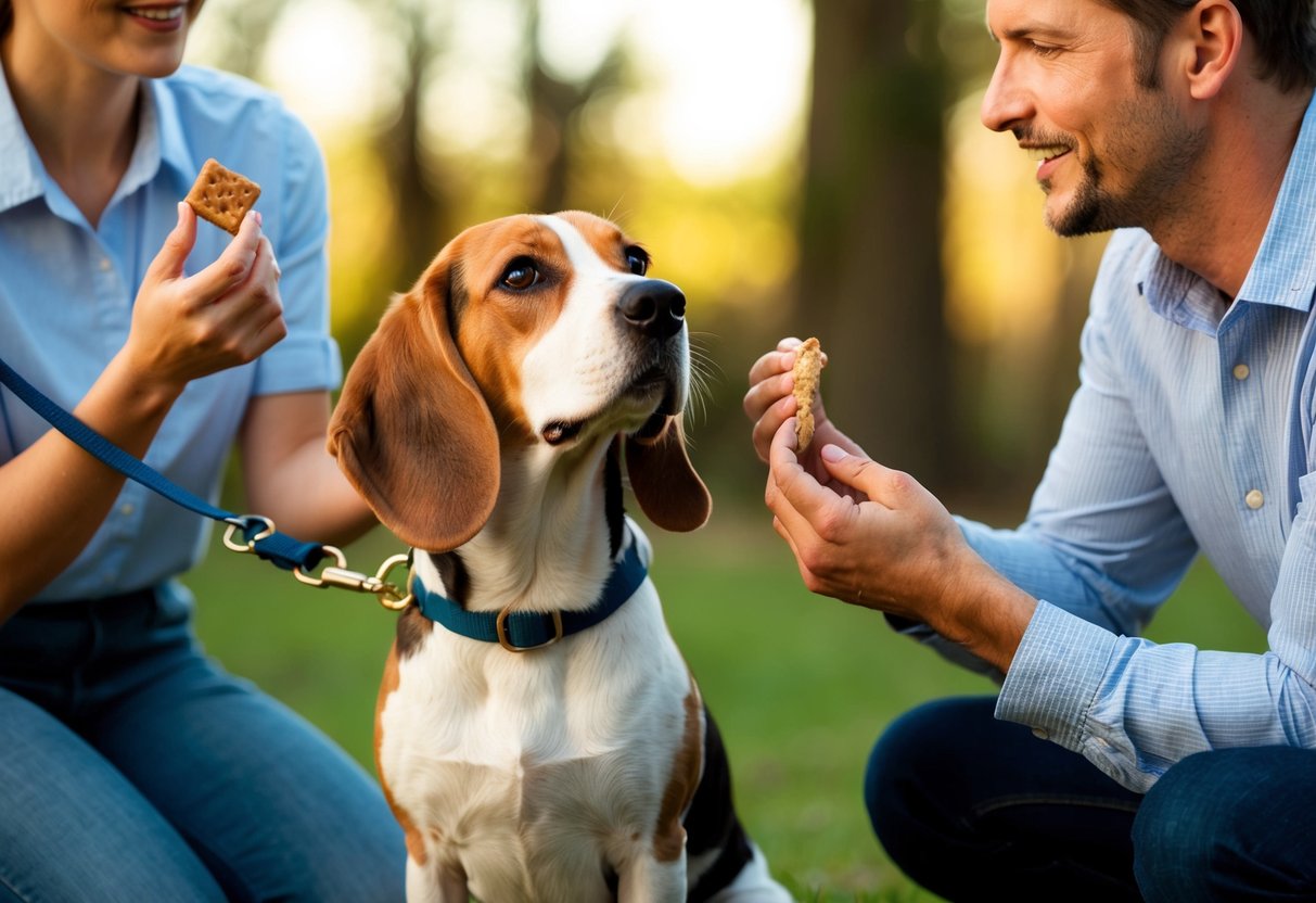 A beagle on a leash sits obediently next to its owner, who is holding a treat and offering praise. The owner has a firm but gentle grip on the leash, and the beagle's ears are perked up attentively