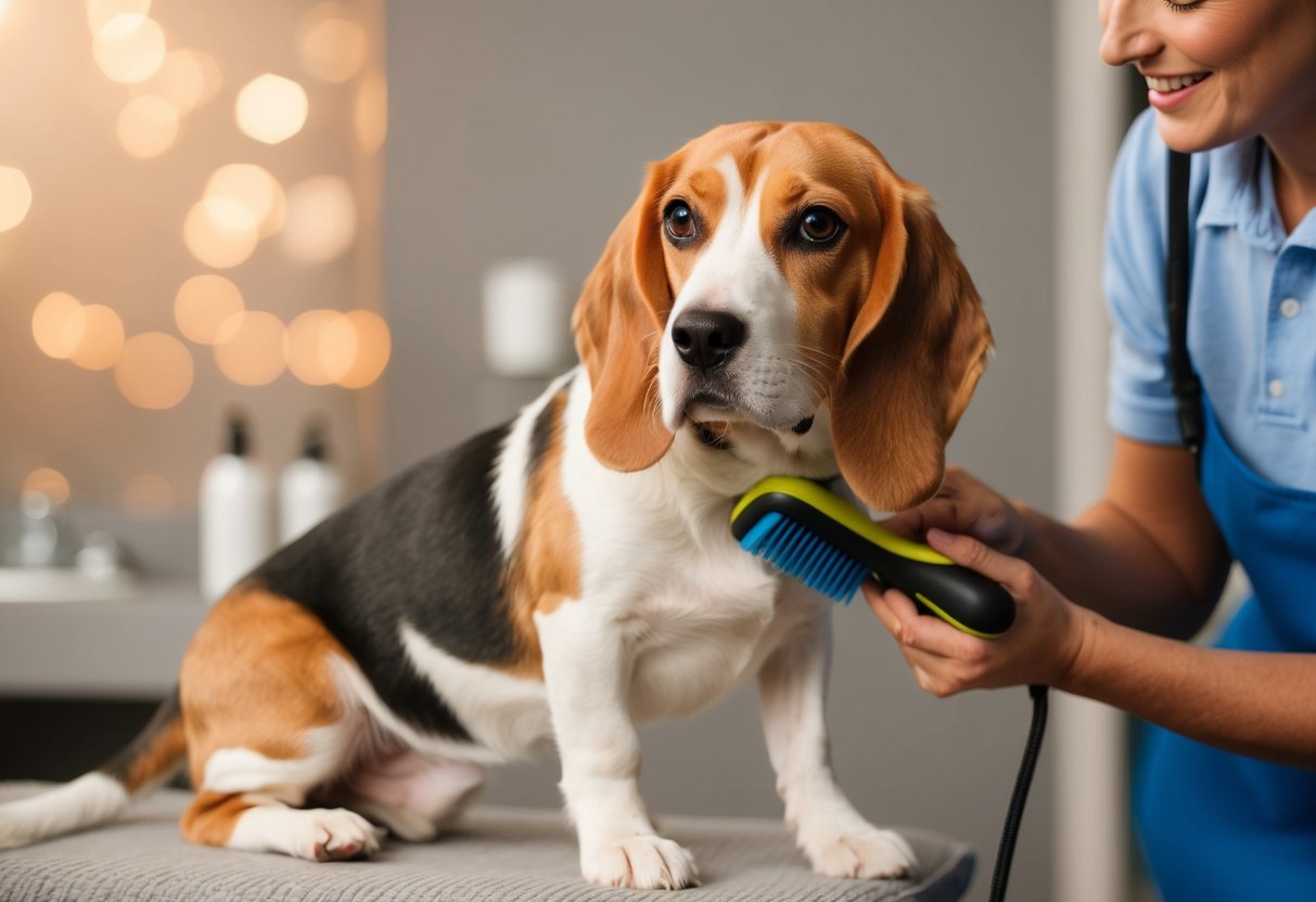 A Beagle being groomed and brushed by a caring owner