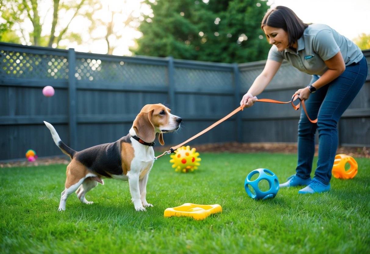 A fenced backyard with interactive toys and a beagle on a leash with a trainer using positive reinforcement