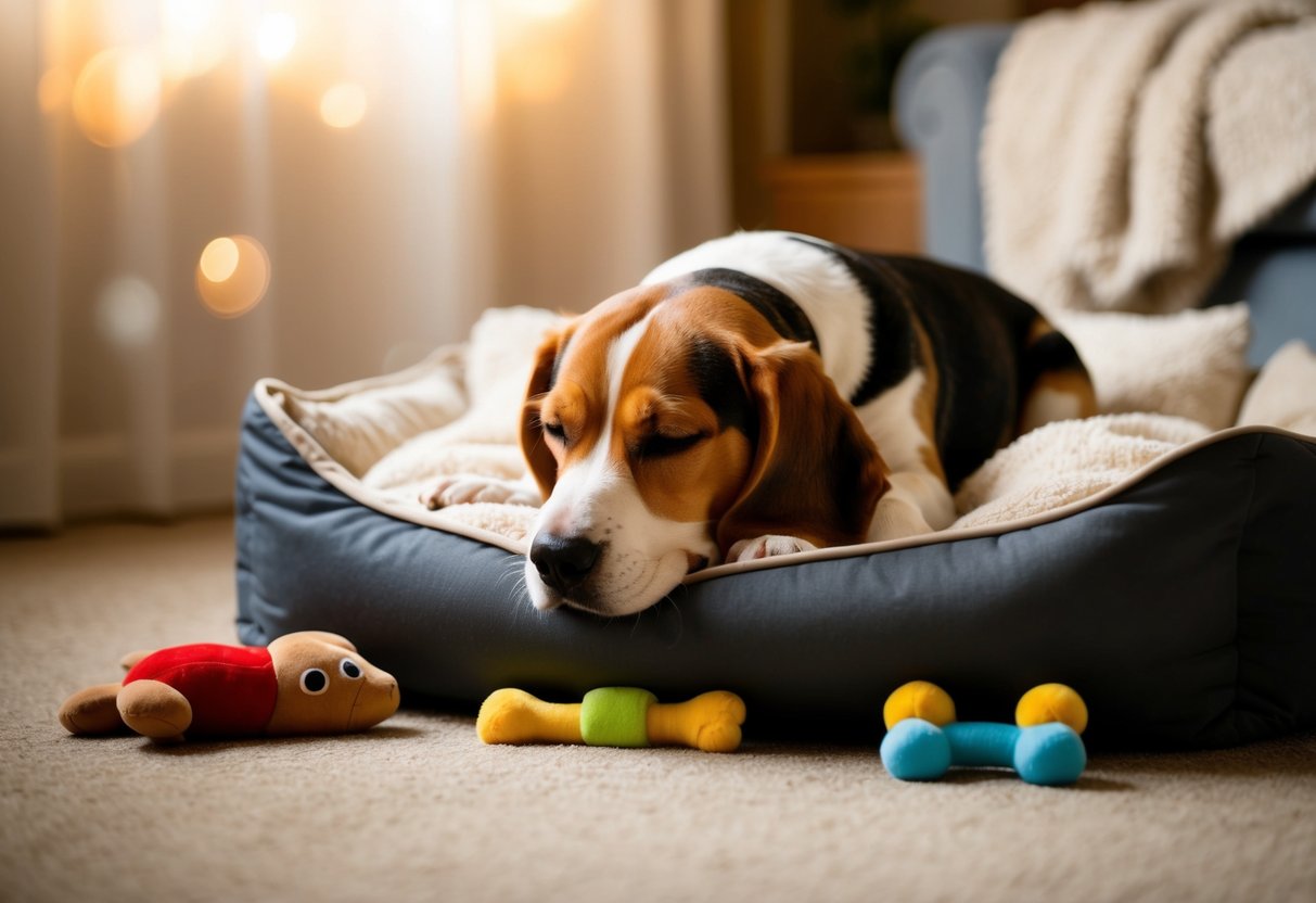 A beagle sleeps peacefully on a cozy dog bed, surrounded by soft blankets and toys in a warm, dimly lit room