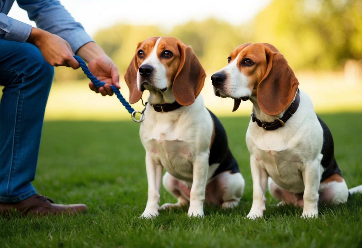 A beagle sits attentively as its owner uses positive reinforcement to train it not to run away