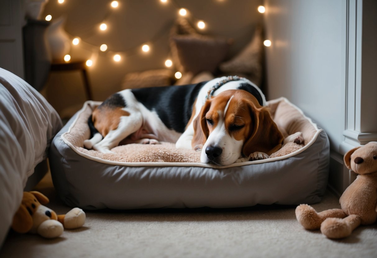 A beagle sleeps on a plush dog bed in a cozy corner of a dimly lit bedroom, surrounded by soft blankets and plush toys