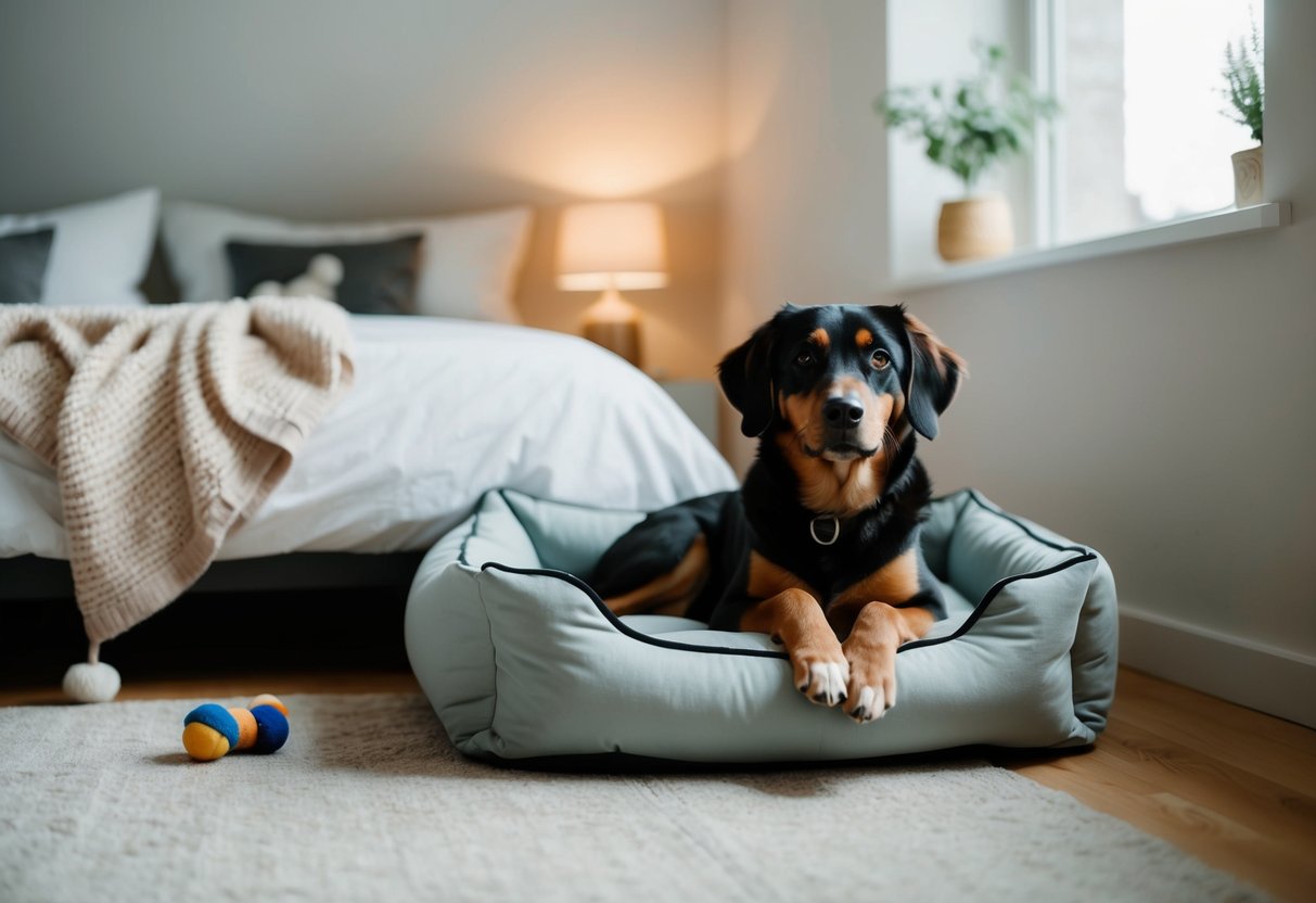 A cozy dog bed in a quiet corner of the bedroom, with a soft blanket and a favorite toy nearby