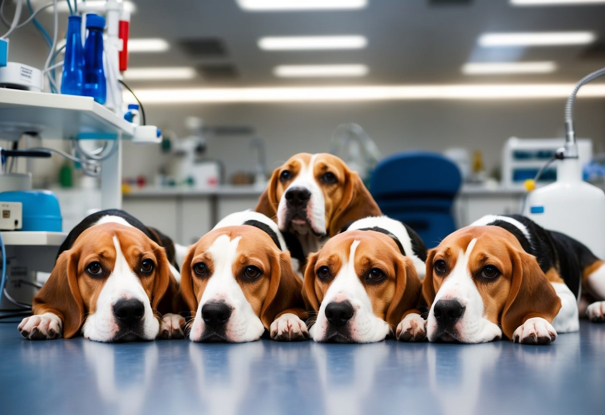 A group of beagles lying in a laboratory setting, with medical equipment and research tools nearby, suggesting experimentation as the cause of death
