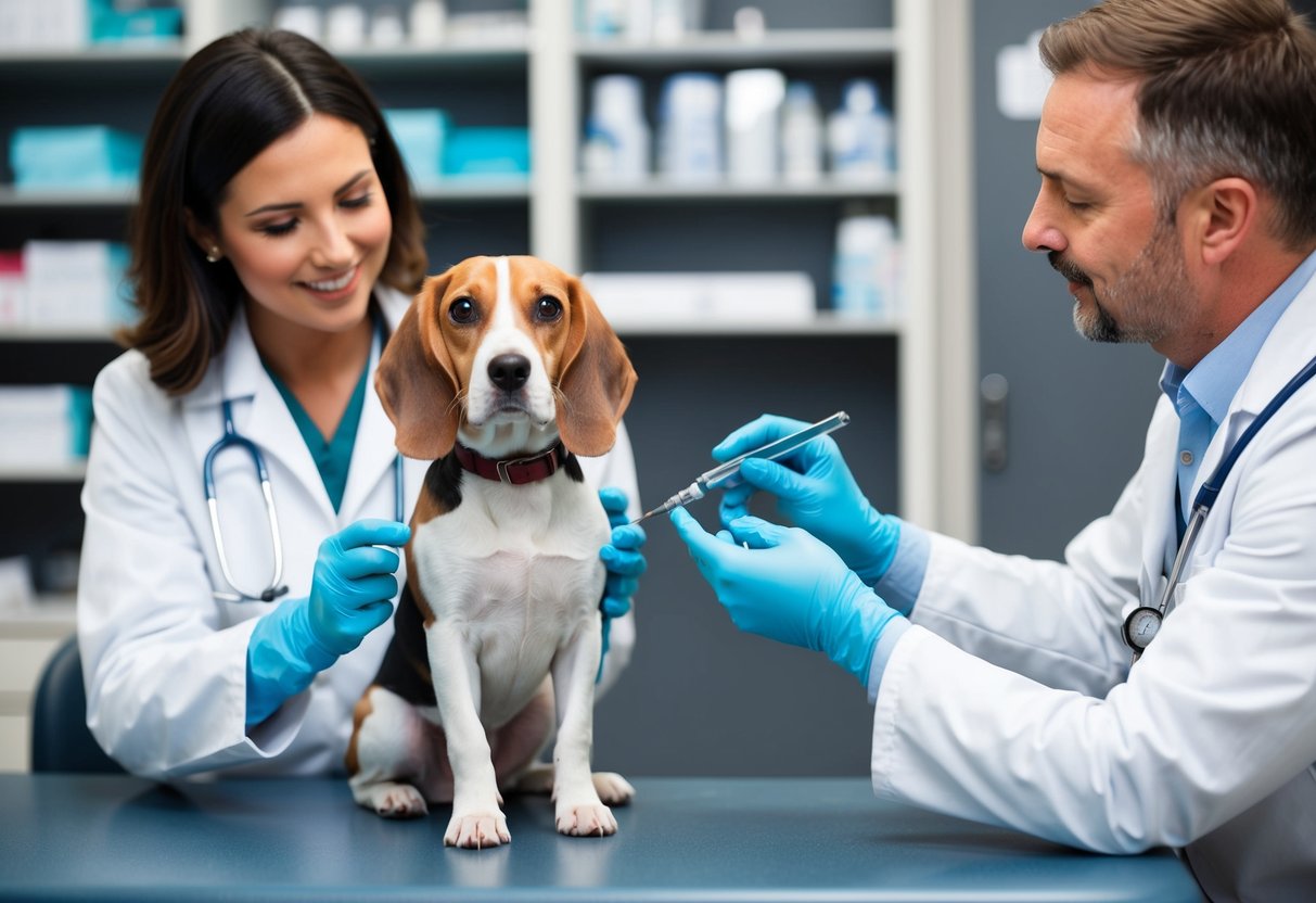 A beagle receiving a regular check-up at the veterinarian's office, with a vet discussing preventive measures and care with the owner