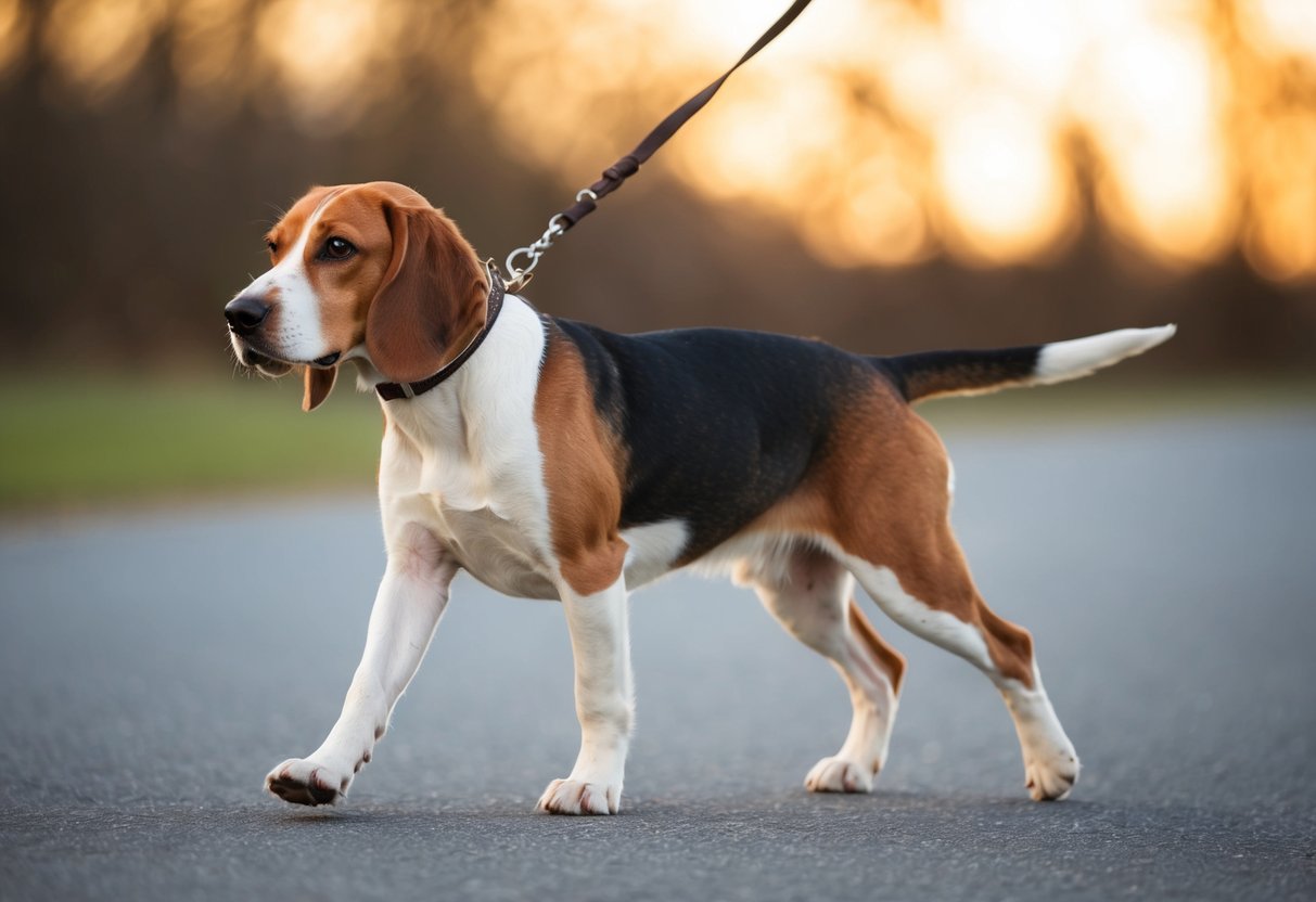 A beagle walks with a slight limp, favoring one hind leg