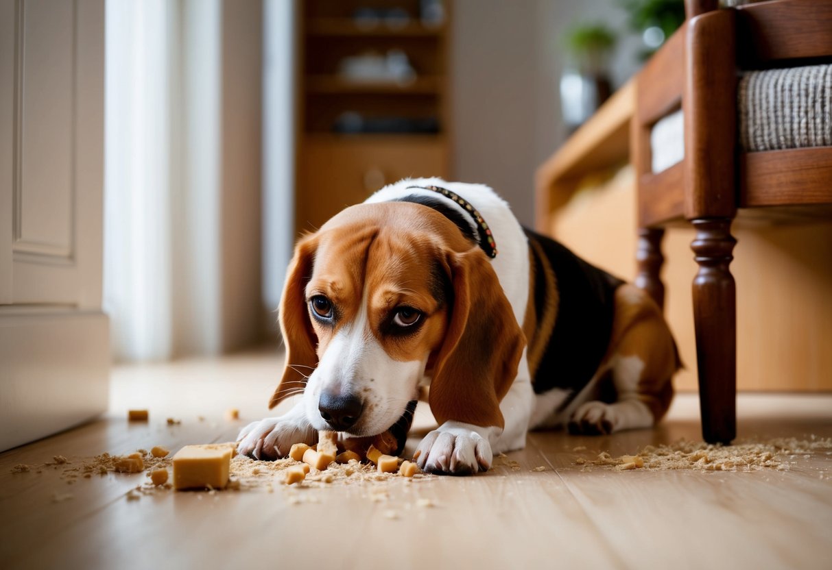 A beagle chewing up furniture and making a mess in the house