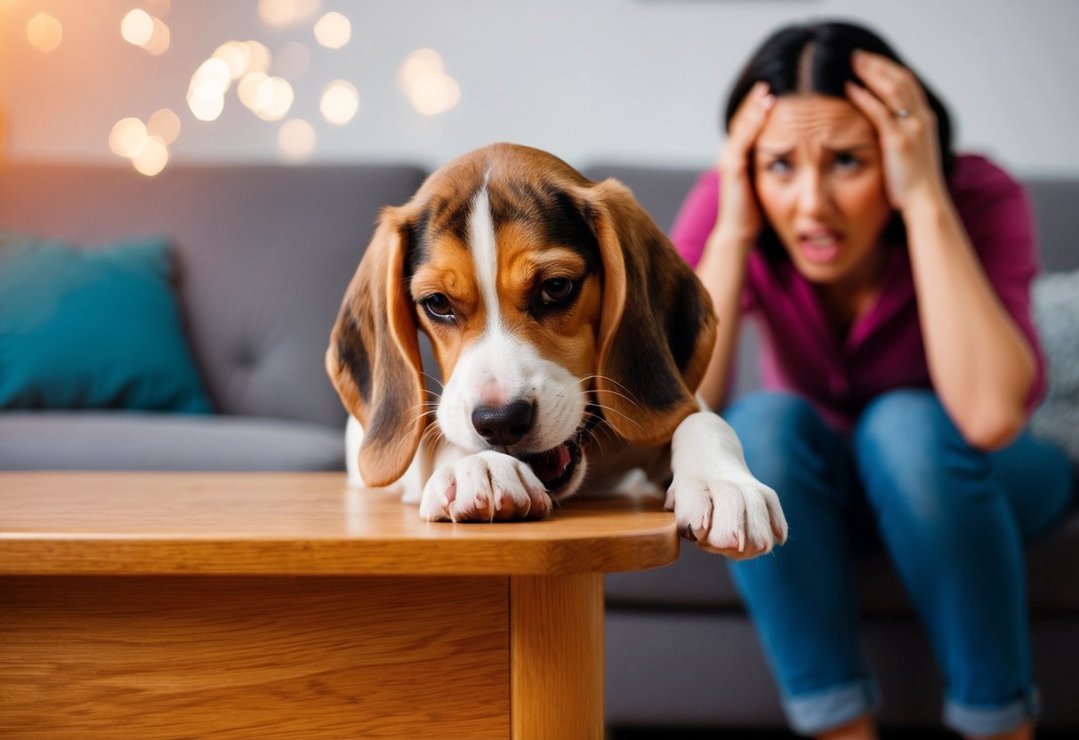 A beagle puppy chews on furniture while the owner looks frustrated