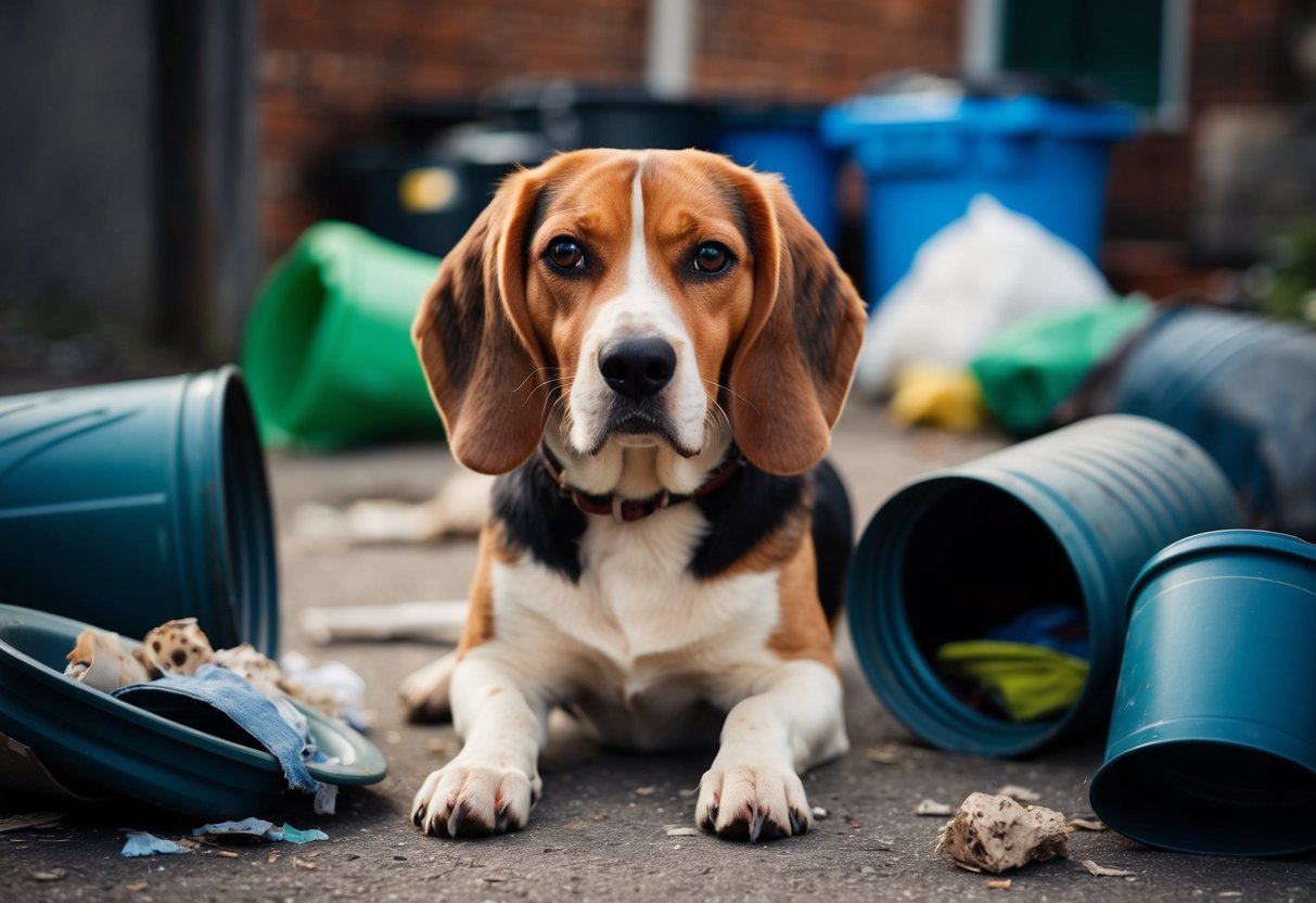 A beagle with unkempt fur and a sad expression, surrounded by overturned trash cans and chewed-up belongings