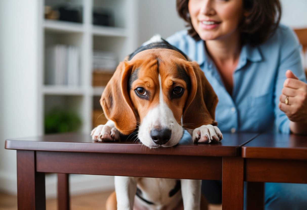 A beagle chewing on furniture while the owner looks frustrated