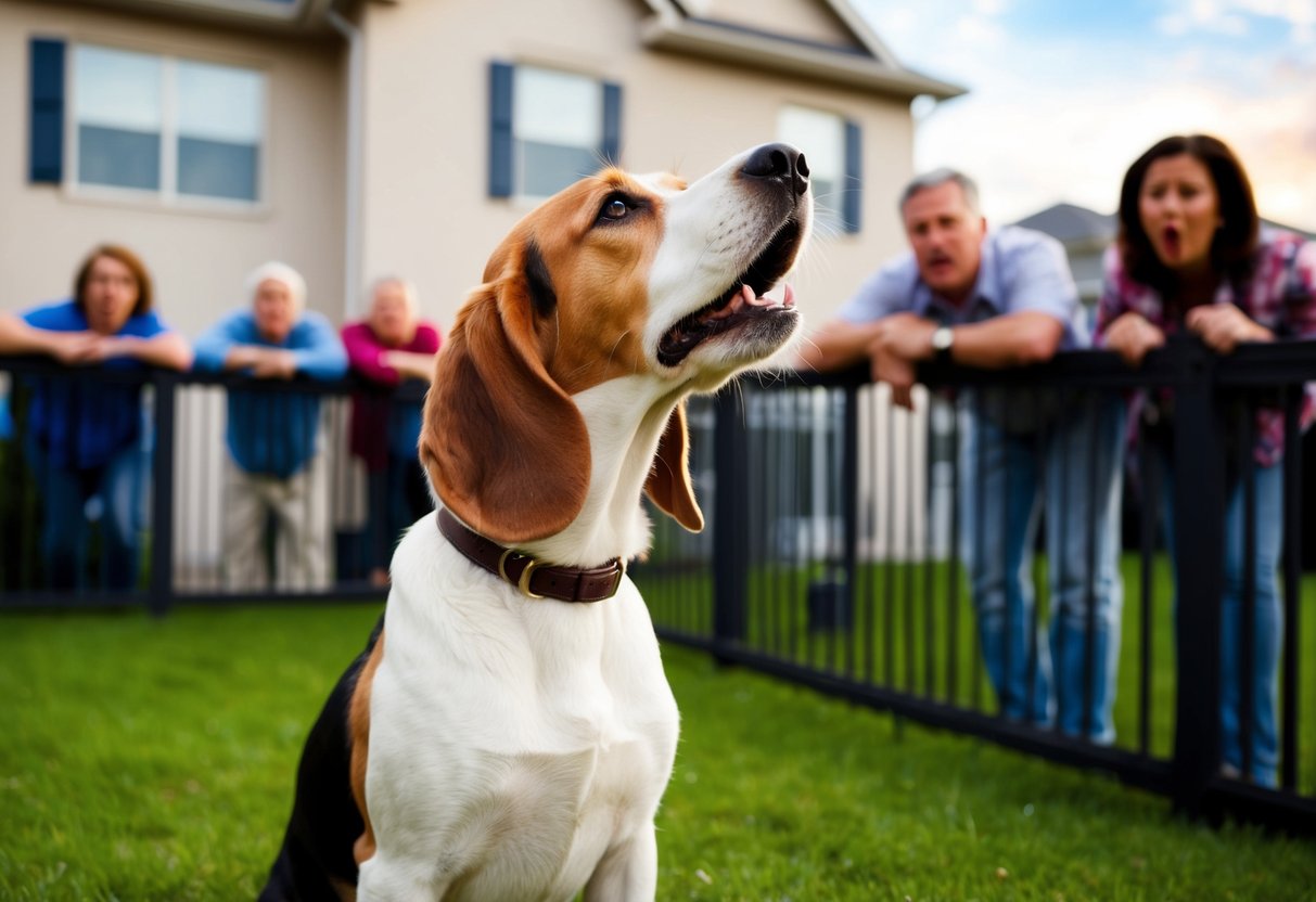 A beagle howling loudly in a backyard, while frustrated neighbors peer over a fence